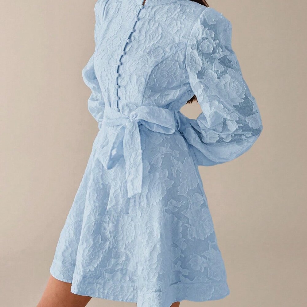 Baby Blue Elegant Women's A-Line Puff Sleeve Short Dress with Stand Collar - Picture 5 of 7